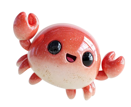Clawby, the webmotion mascot: a glossy red crab waving one claw