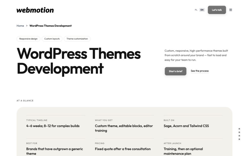 WordPress themes development service page: hero with the offer and the at-a-glance facts