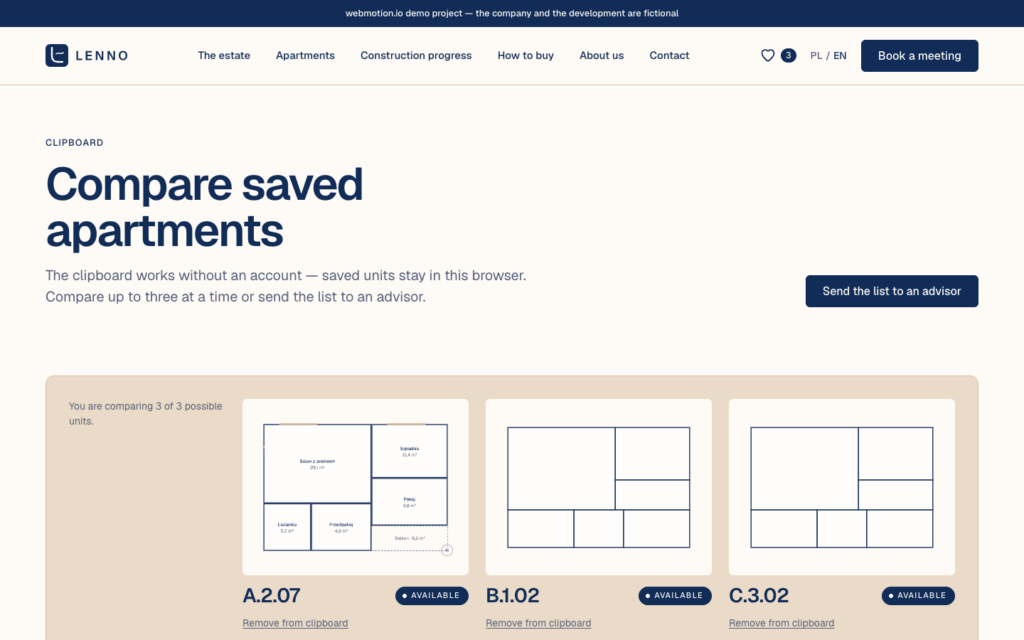 Lenno clipboard comparing three saved apartments