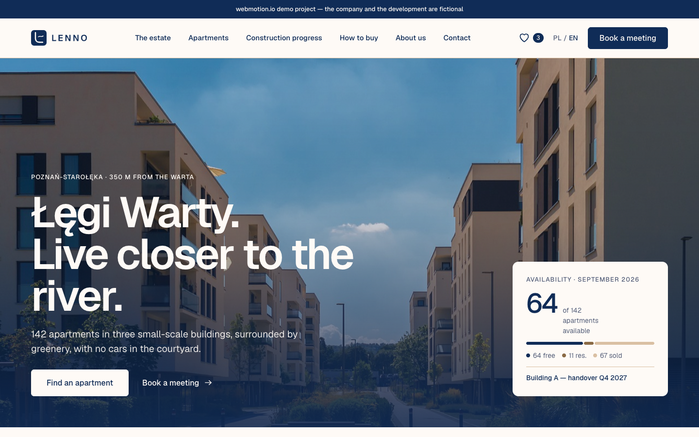 Lenno — Łęgi Warty home page: estate photo and the apartment availability card