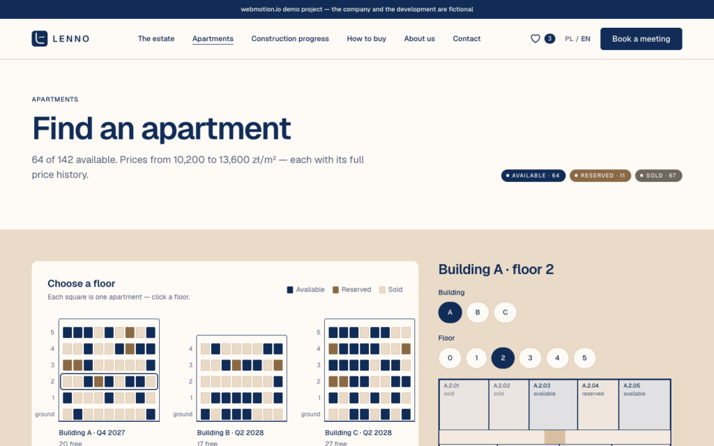 Lenno apartment search with a stacking plan of three buildings and a floor plan