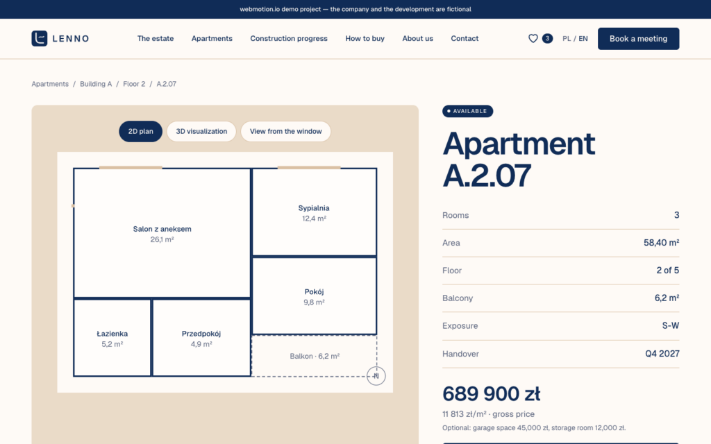 Apartment A.2.07 page: 2D plan, parameters and gross price