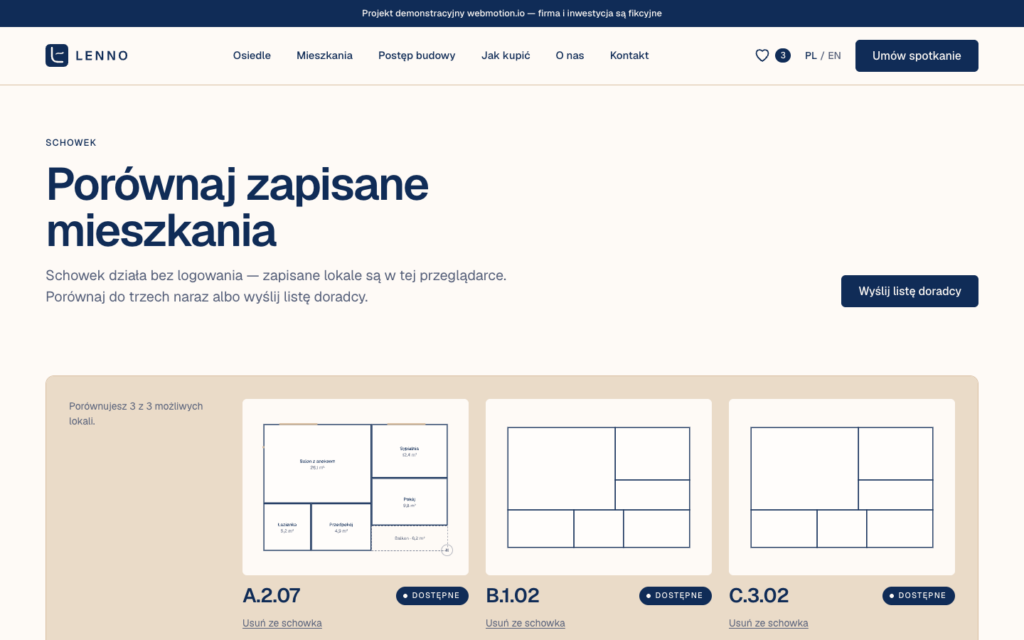 Schowek Lenno porównujący trzy zapisane mieszkania