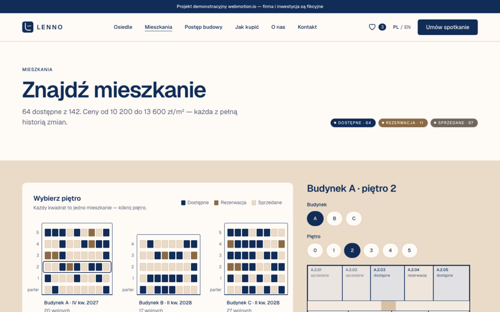 Wyszukiwarka mieszkań Lenno z planem trzech budynków i rzutem piętra