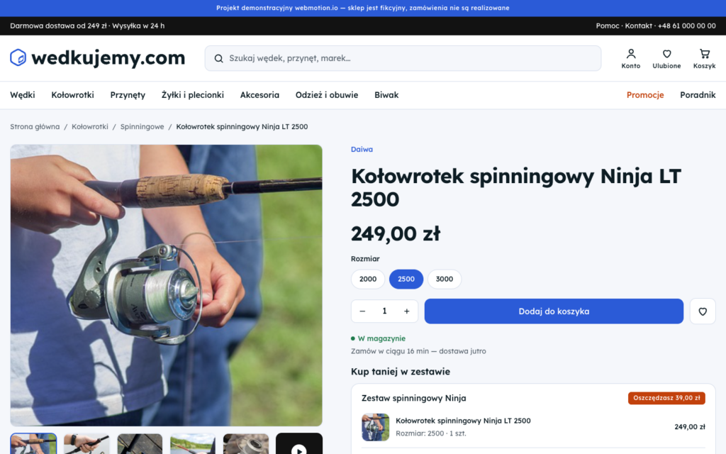 wedkujemy.com product page: the Daiwa Ninja LT 2500 reel with size options and a bundle