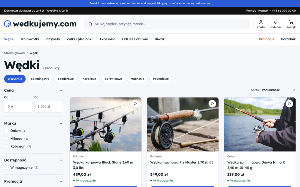 Kategoria Wędki w wedkujemy.com: podkategorie jako chipy, filtry i siatka produktów