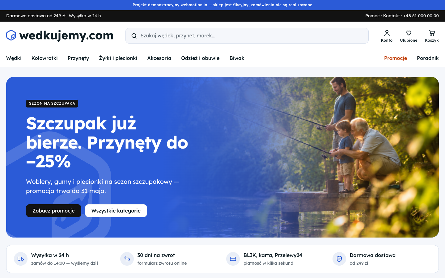 Strona główna wedkujemy.com: hero z promocją na sezon szczupakowy i pasek korzyści sklepu